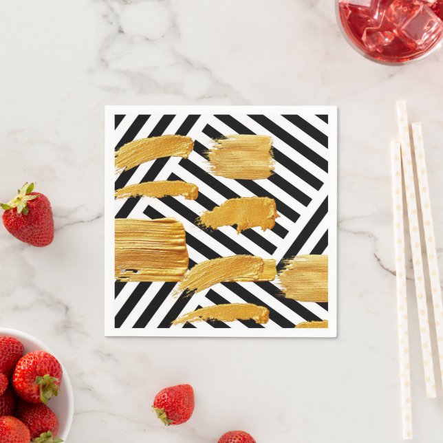 Paper Napkins, Black & White Stripe Gold Napkins (Insitu)