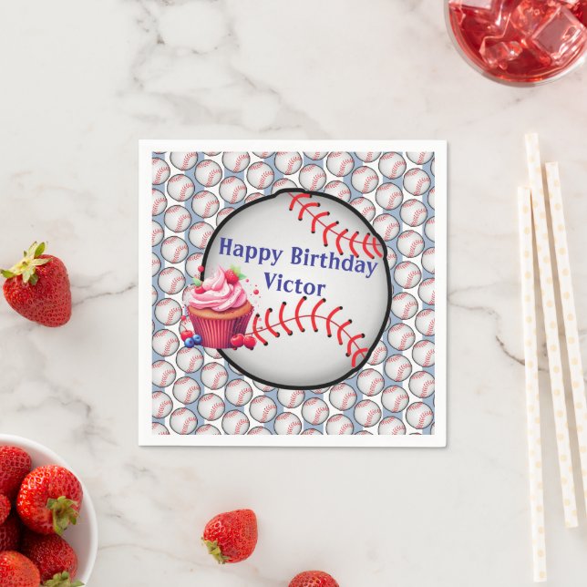 Paper Napkins Blue White Stripe Birthday Baseball (Insitu)