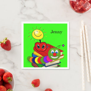 Paper Napkins, Bookworm, Books, Apple, Green Napkin