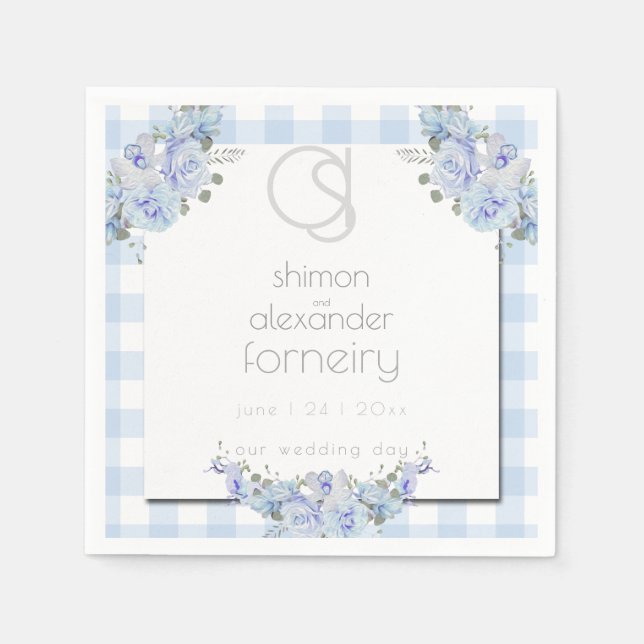 PAPER NAPKINS | Floral Monogram Blue Gingham (Front)