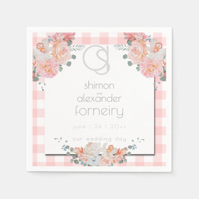 PAPER NAPKINS | Floral Monogram Coral Gingham (Front)