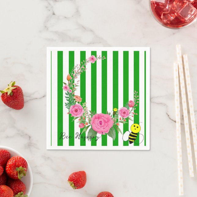 Paper Napkins, Green and White Stripe Bee Happy  Napkin (Insitu)