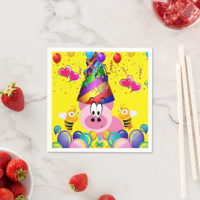 Paper Napkins, Happy Birthday Pink Pig Bumblebee Napkin (Insitu)