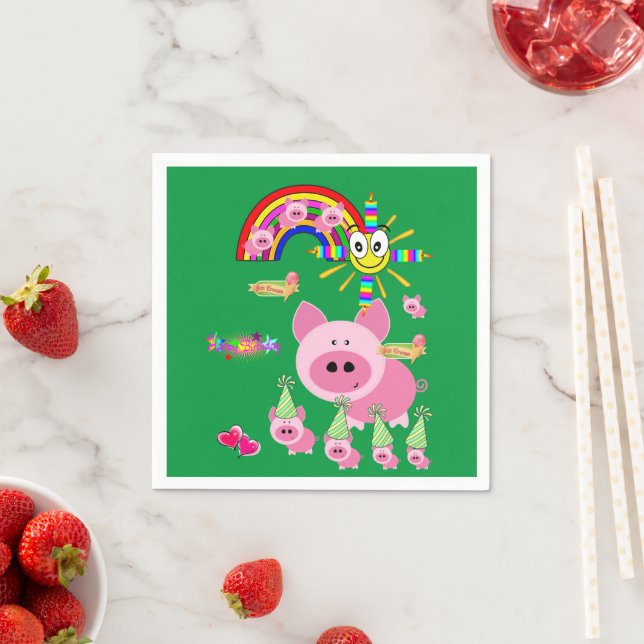 Paper Napkins, Happy Birthday Pink Pig Rainbow Napkin (Insitu)