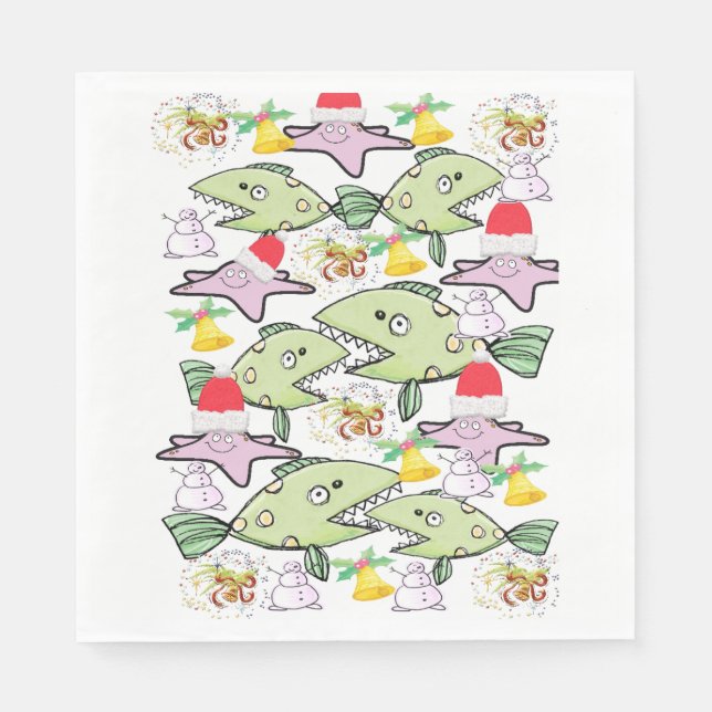 Paper Napkins, Merry Christmas Shark Fish Napkin (Front)