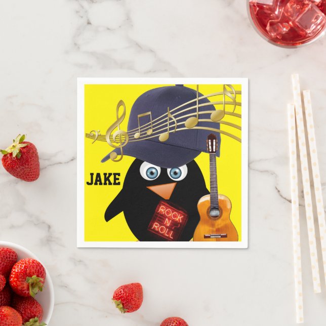 Paper Napkins, Penguin Guitar Rock n Roll Napkin (Insitu)
