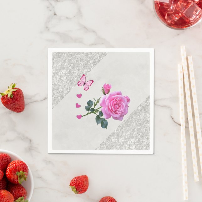 Paper Napkins, Pink Rose Silver Napkin (Insitu)