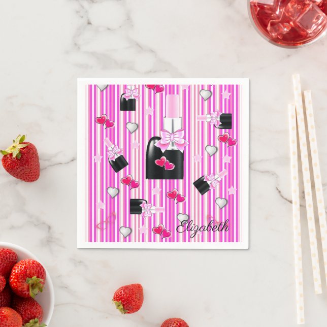 Paper Napkins, Pink Stripe Pink Lipstick Napkin (Insitu)