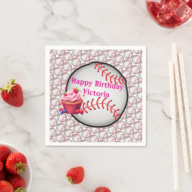 Paper Napkins Pink White Stripe Birthday Baseball (Insitu)