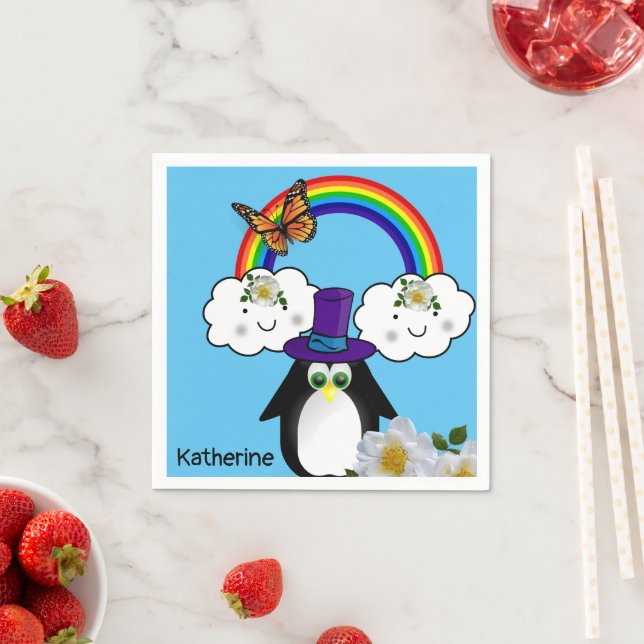Paper Napkins, Rainbow Sun Clouds Penguin Napkin (Insitu)