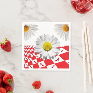 Paper Napkins, Red Chequered White Daisy Floral Napkin