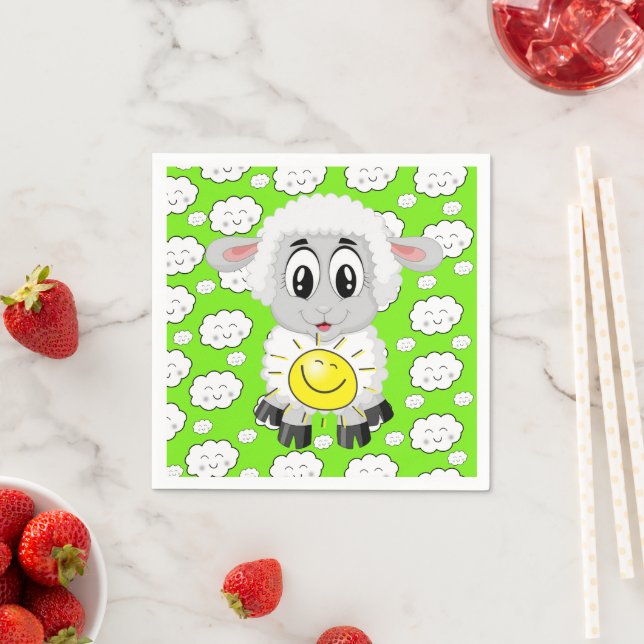 Paper Napkins, Sheep Clouds Sun Green Napkin (Insitu)