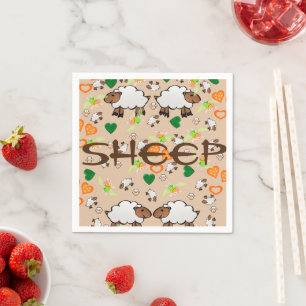 Paper Napkins, Sheep Green Orange Hearts Napkin