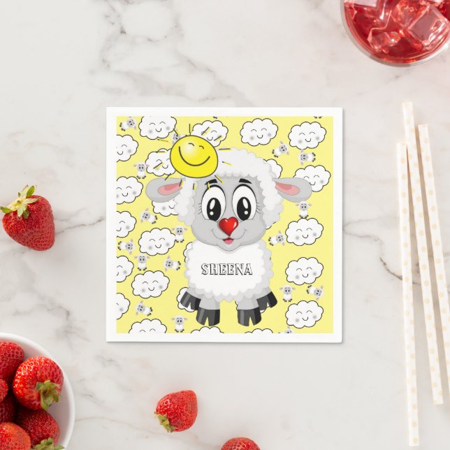 Paper Napkins, Sheep Sun Clouds Yellow Napkin (Insitu)