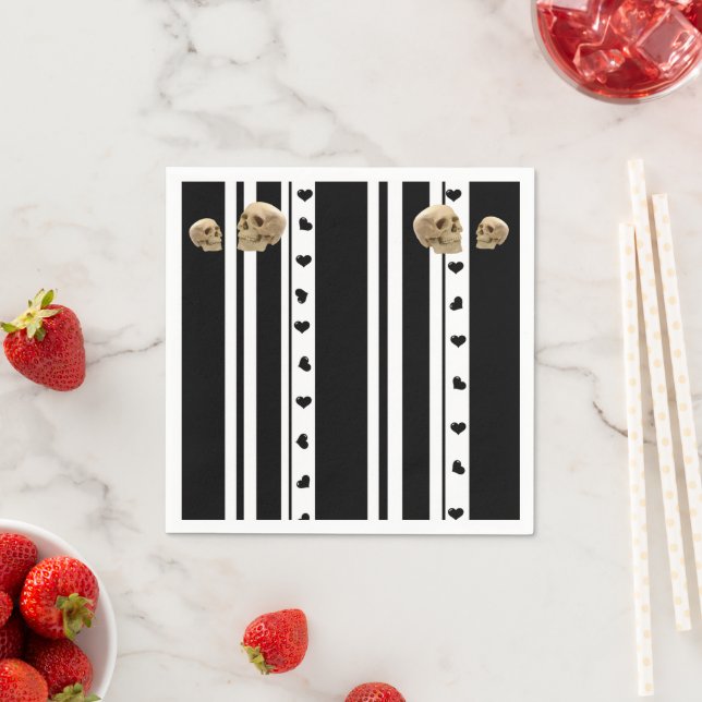 Paper Napkins, Skulls Black White Stripe Hearts Napkin (Insitu)