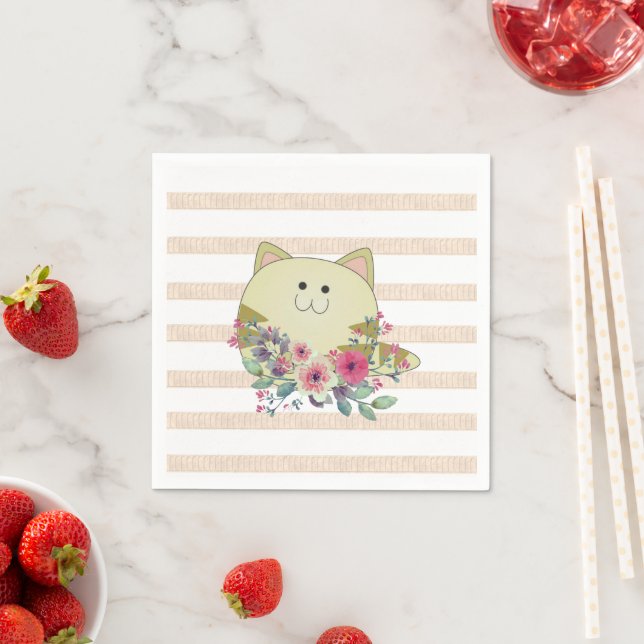 Paper Napkins, Stripe Cat Beige Floral Napkin (Insitu)