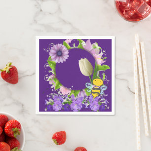 Paper Napkins, Tulip Floral Flowers Bumblebee Napkin