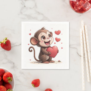 Paper Napkins Valentine's Day Monkey Red Hearts