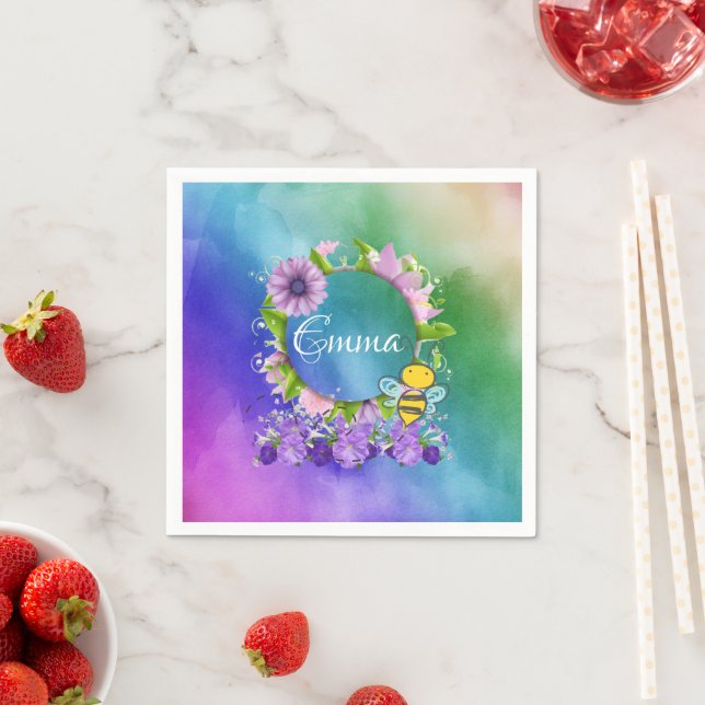 Paper Napkins, Watercolors Floral Bumblebee Napkin (Insitu)