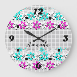 Paper neon flowers on a grey-white chequered large clock