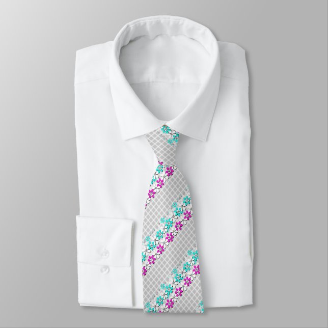 Paper neon flowers on a grey-white chequered tie (Tied)