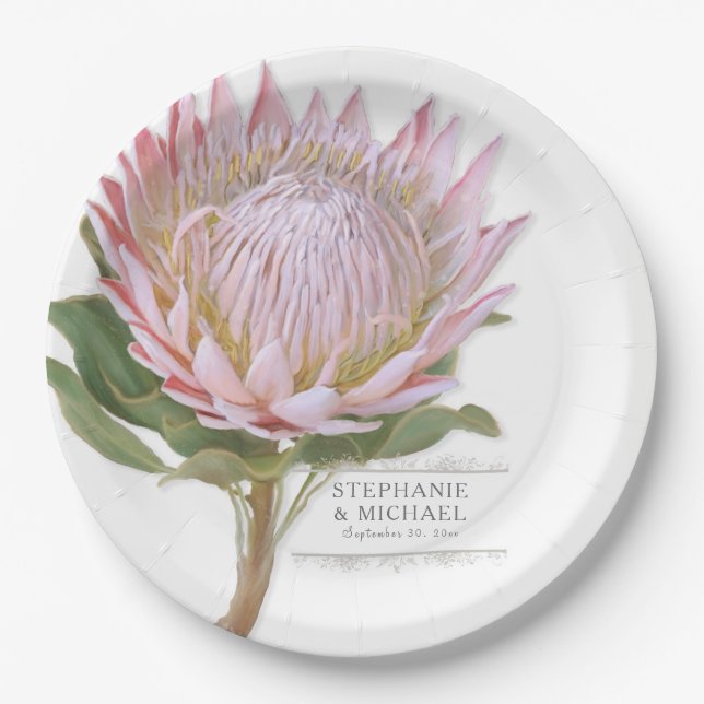Paper Party Modern Floral Pink Protea Flower Plate (Front)