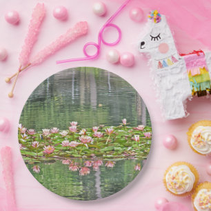PAPER PARTY PLATES/FLORAL/PINK WATER LILIES/REFLEC PLATE