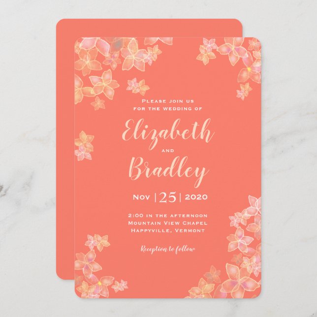 Paper Petals Coral Orange Floral Wedding Invitation (Front/Back)