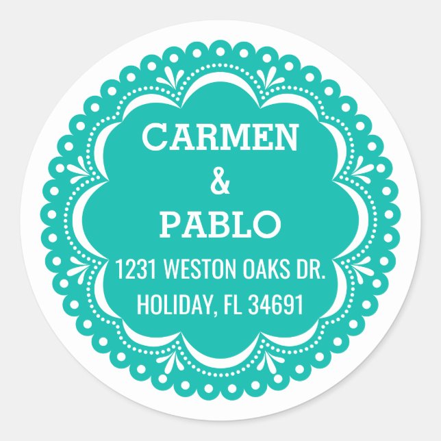 Paper Picado Colourful Mexican Wedding Address Classic Round Sticker (Front)