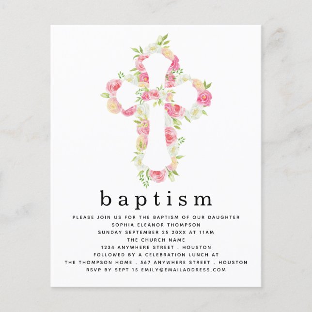 PAPER  Pink Florals Cross Baptism Invitation (Front)