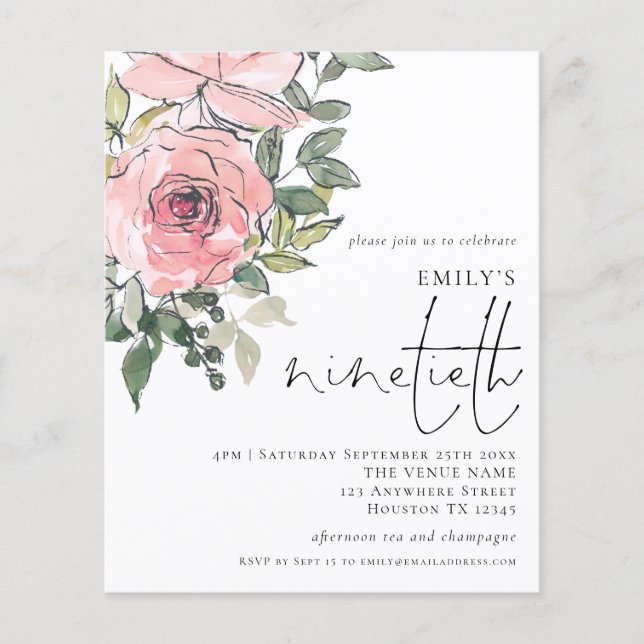 PAPER Pink Florals Ninetieth Party Invitation (Front)