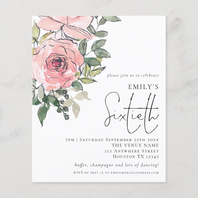 PAPER Pink Florals Sixtieth Birthday Invitation (Front)