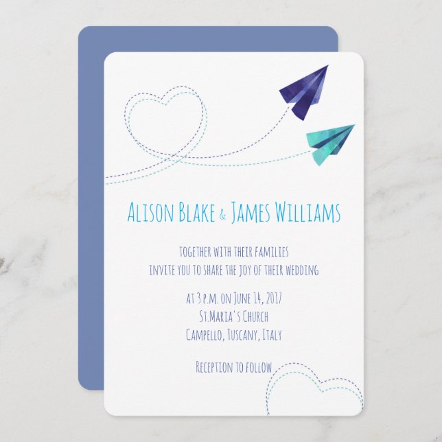 Paper plane watercolor wedding invitation (Front/Back)