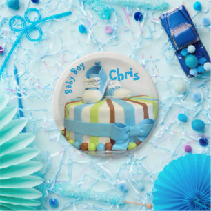 Paper Plate 7" Baby Boys Cake Blue Shoes Party
