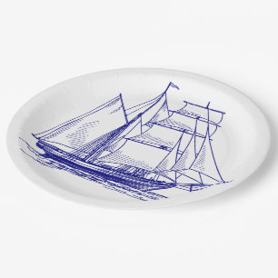Paper plate  Blue sail boat ship nautical