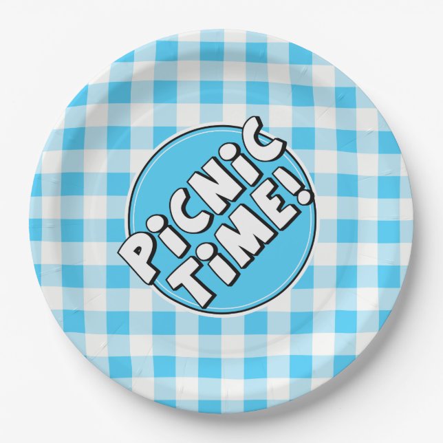 Paper Plate Picnic Time Light Blue Gingham Pattern (Front)