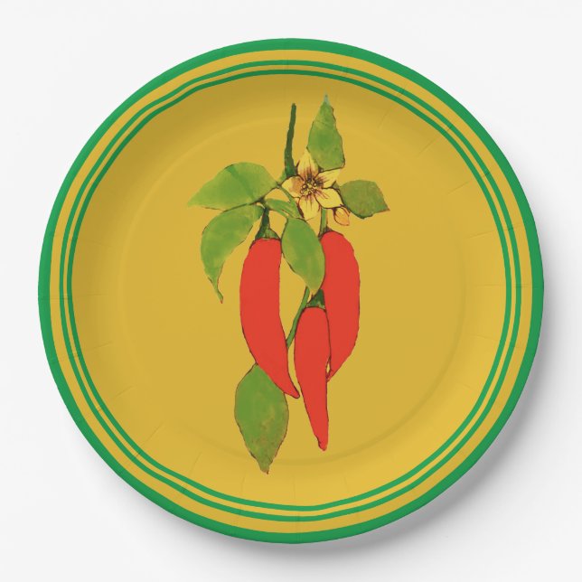 Paper Plate Red Peppers on Mustard Background (Front)