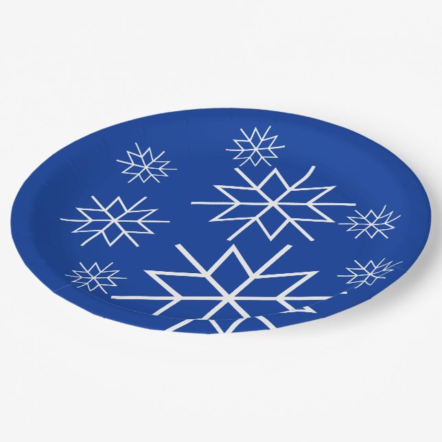Paper Plate -White Snowflakes on Blue (Angled)