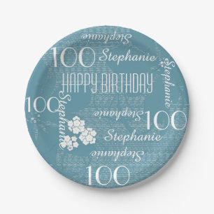 Paper Plates, 100th Birthday Party Blue Floral Plate