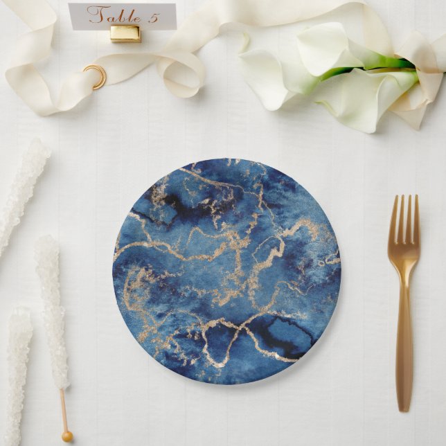 Paper Plates 17,8 cm - Blue & Gold Pattern (Wedding)
