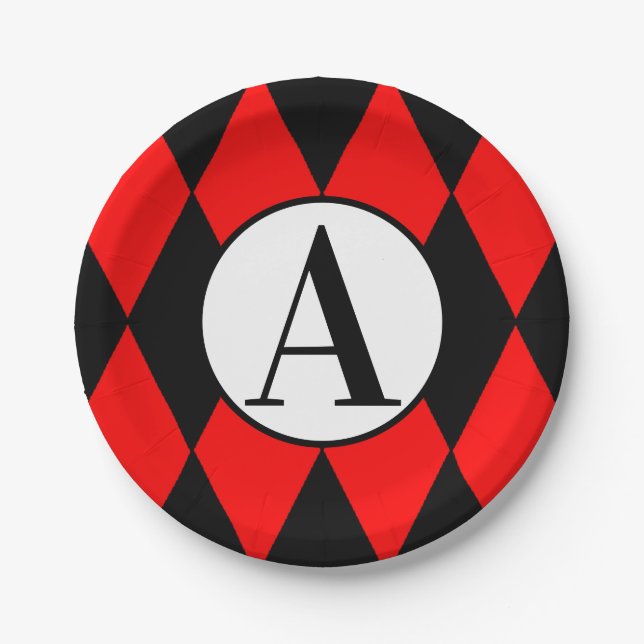 Paper Plates 7" RED & BLACK HARLEQUIN & MONOGRAM (Front)