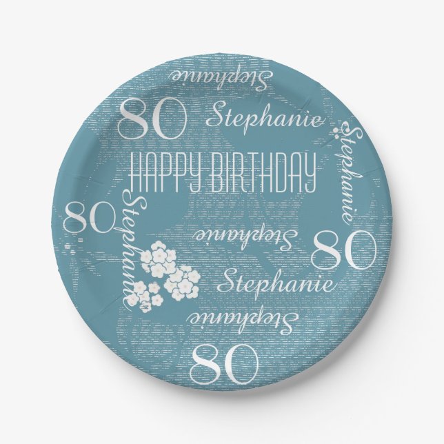 Paper Plates, 80th Birthday Party Blue Floral Paper Plate (Front)