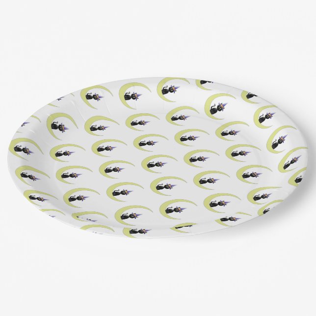Paper Plates 9"/Black Cat sitting on Moon (Angled)