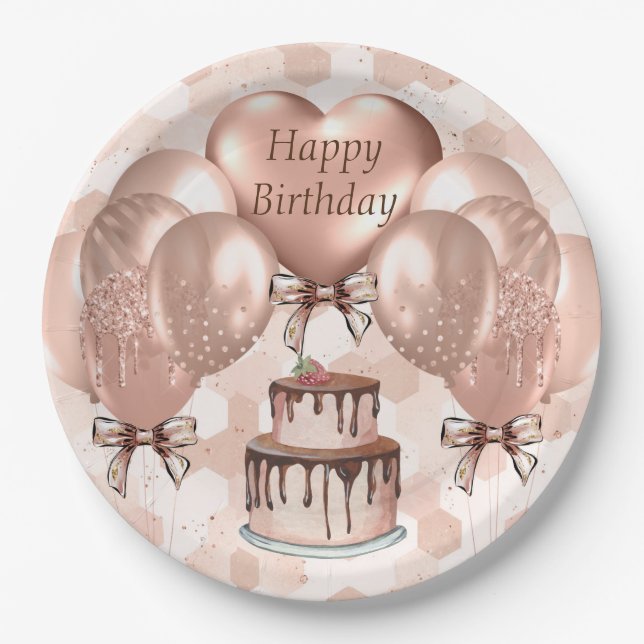 Paper Plates 9" Set 8 Rose Gold Birthday (Front)