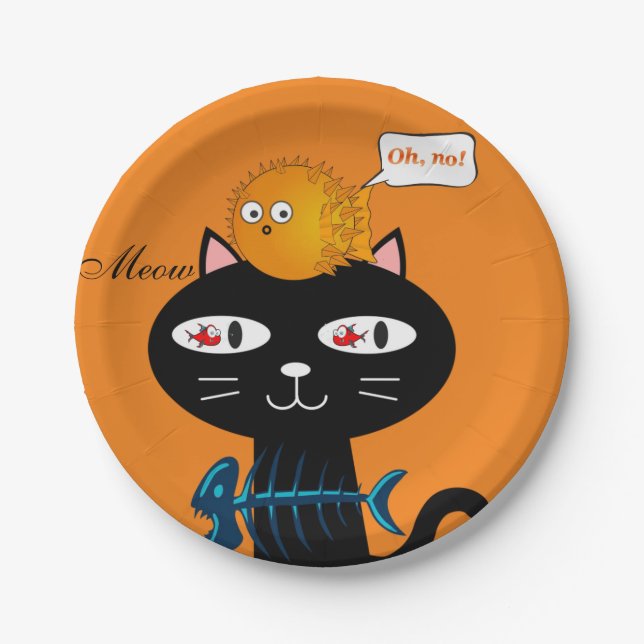 Paper Plates, Black Cat Fish Bones Orange Meow Plate (Front)