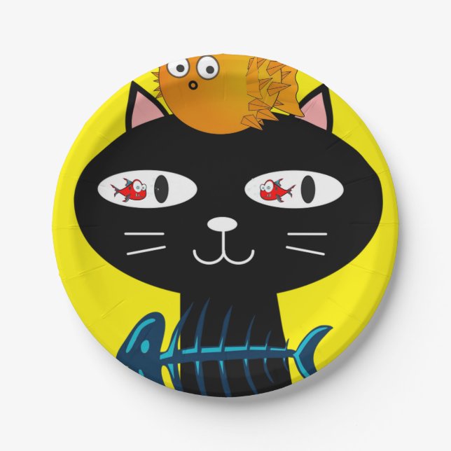 Paper Plates, Black Cat Kitten Fish Bones Yellow Plate (Front)