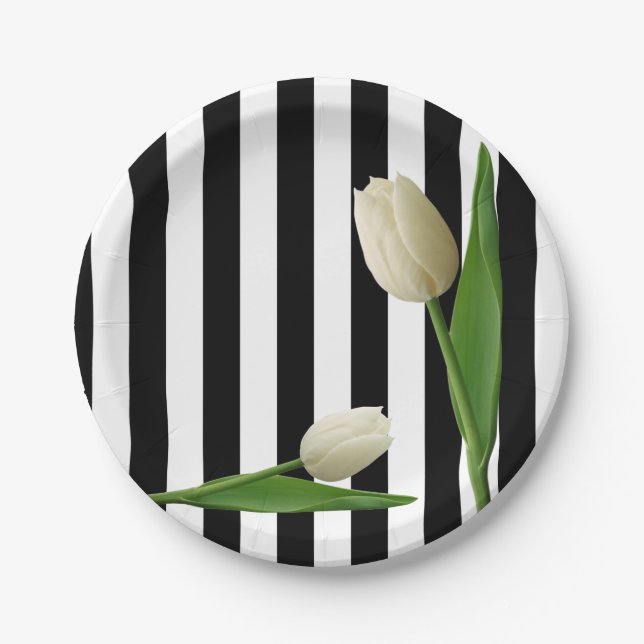 Paper Plates, Black & White Stripe Tulip  Floral Paper Plate (Front)