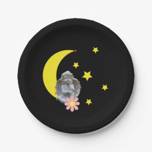 Paper Plates, Black Yellow Moon Stars Angel Floral Plate