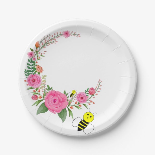 Paper Plates, Bumblebee Floral Flowers Plate (Front)