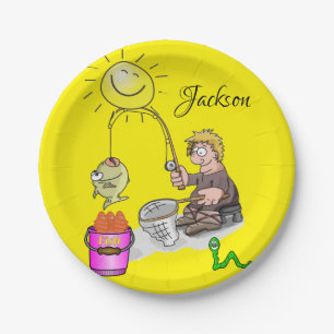Paper Plates, Fisherman Sun Fish Yellow Paper Plate